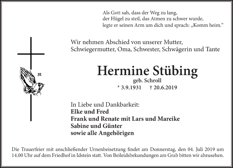  Traueranzeige für Hermine Stübing vom 29.06.2019 aus vrm-trauer