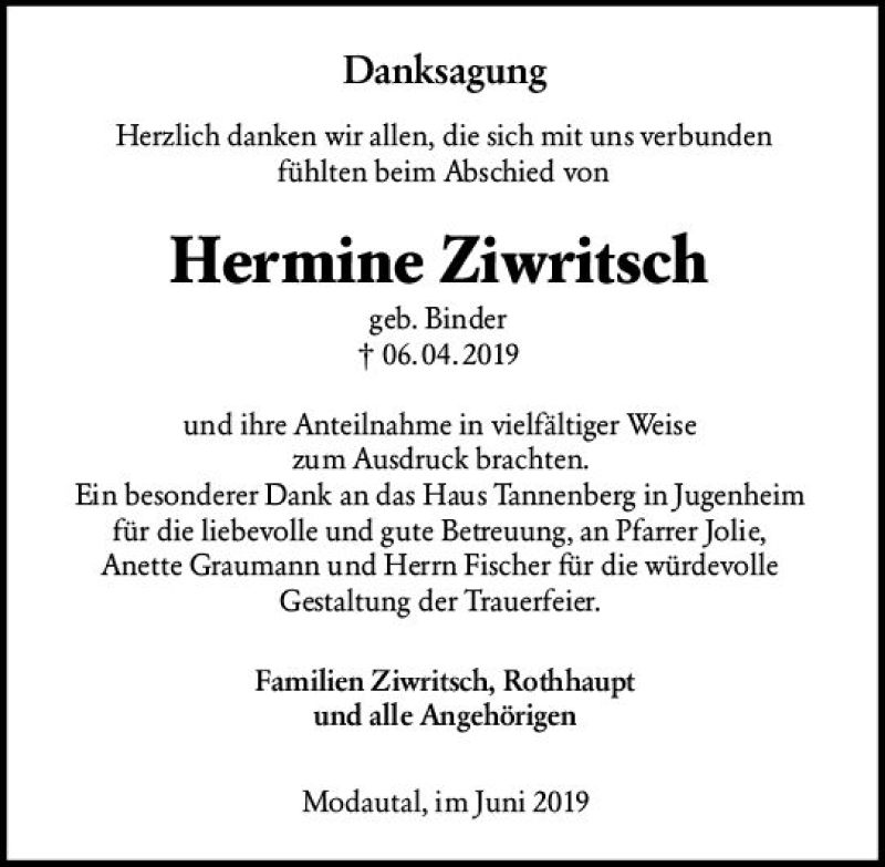  Traueranzeige für Hermine Ziwritsch vom 15.06.2019 aus vrm-trauer