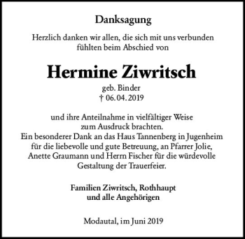 Traueranzeige von Hermine Ziwritsch von vrm-trauer