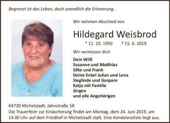Traueranzeige von Hildegard Weisbrod von vrm-trauer