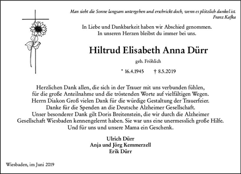  Traueranzeige für Hiltrud Elisabeth Anna Dürr vom 08.06.2019 aus vrm-trauer