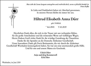 Traueranzeige von Hiltrud Elisabeth Anna Dürr von vrm-trauer
