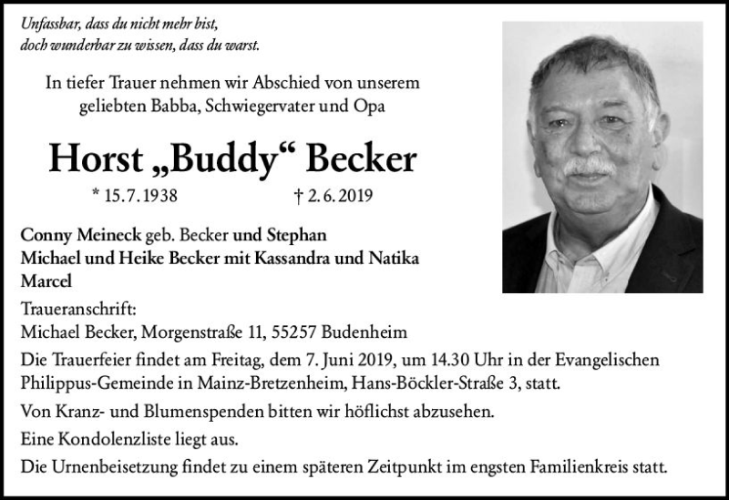  Traueranzeige für Horst Becker vom 05.06.2019 aus vrm-trauer
