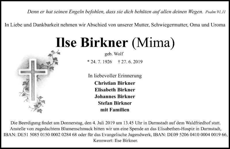  Traueranzeige für Ilse Birkner vom 29.06.2019 aus vrm-trauer