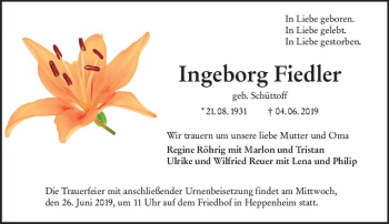 Traueranzeige von Ingeborg Fiedler von vrm-trauer