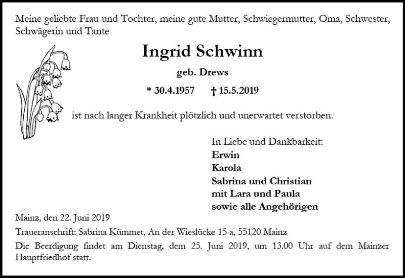  Traueranzeige für Ingrid Schwinn vom 22.06.2019 aus vrm-trauer