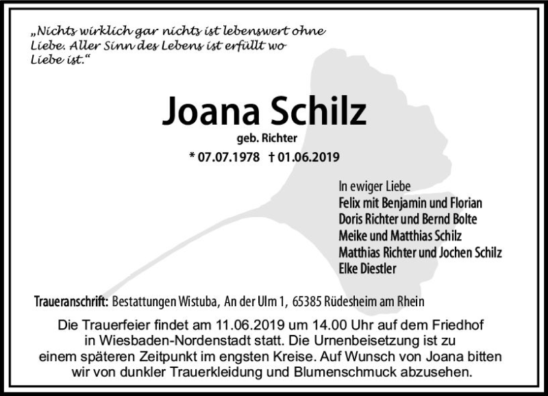  Traueranzeige für Joana Schilz vom 08.06.2019 aus vrm-trauer