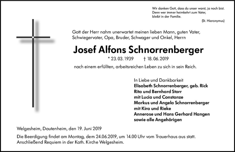  Traueranzeige für Josef Alfons Schnorrenberger vom 21.06.2019 aus vrm-trauer