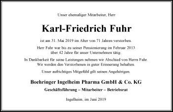Traueranzeige von Karl-Friedrich Fuhr von vrm-trauer