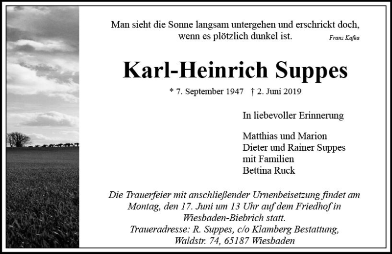  Traueranzeige für Karl-Heinrich Suppes vom 12.06.2019 aus vrm-trauer