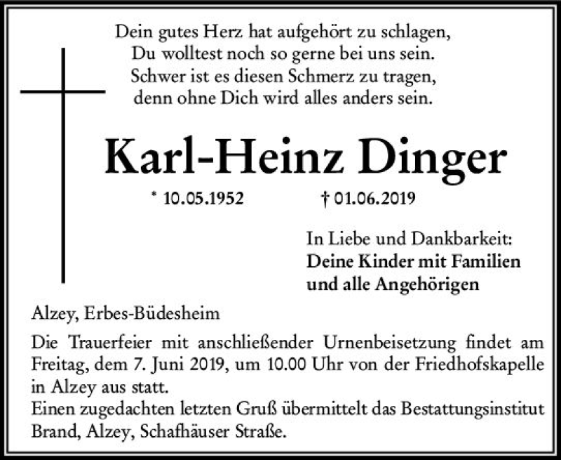  Traueranzeige für Karl-Heinz Dinger vom 04.06.2019 aus vrm-trauer