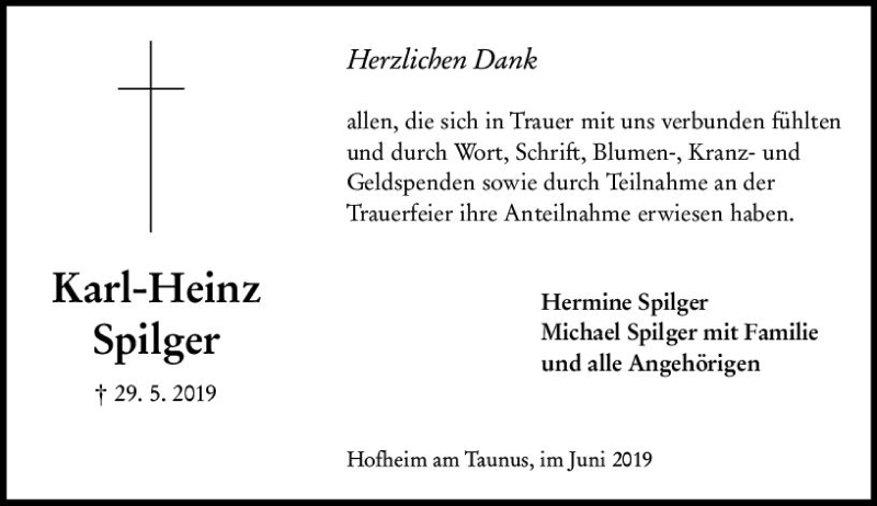  Traueranzeige für Karl-Heinz Spilger vom 21.06.2019 aus vrm-trauer