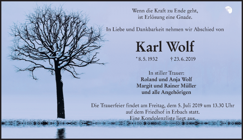  Traueranzeige für Karl Wolf vom 29.06.2019 aus vrm-trauer