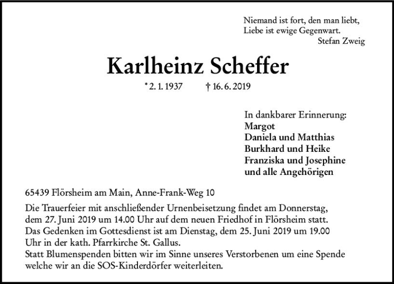  Traueranzeige für Karlheinz Scheffer vom 22.06.2019 aus vrm-trauer