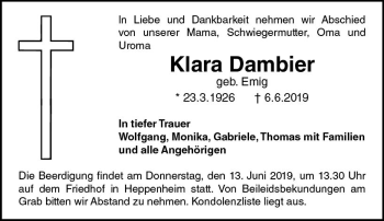 Traueranzeige von Klara Dambier von vrm-trauer