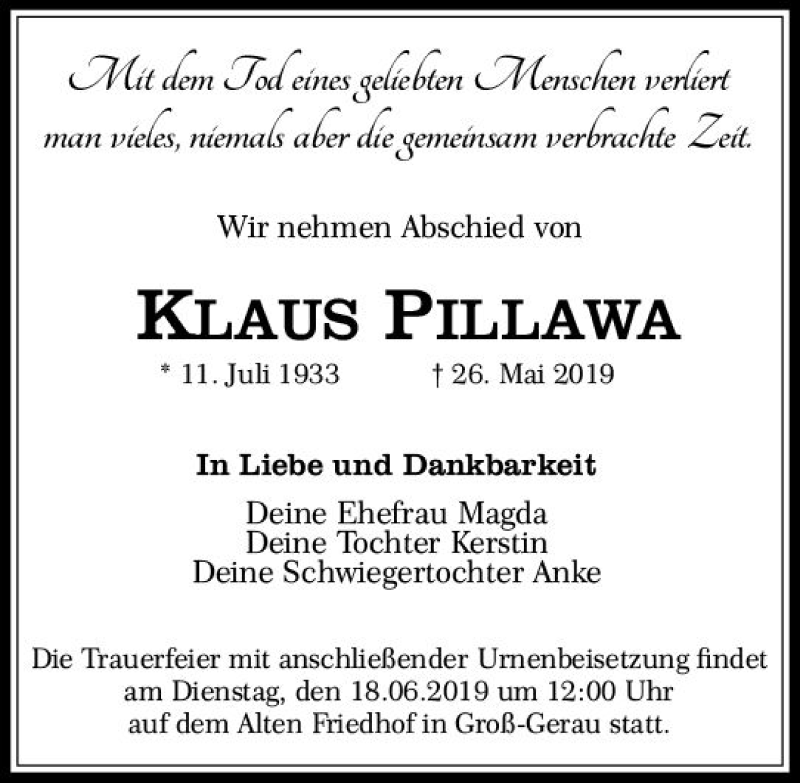  Traueranzeige für Klaus Pillawa vom 08.06.2019 aus vrm-trauer