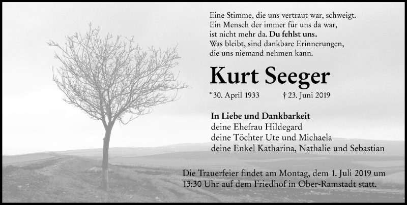  Traueranzeige für Kurt Seeger vom 29.06.2019 aus vrm-trauer