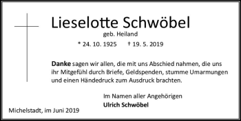 Traueranzeige von Lieselotte Schwöbel von vrm-trauer