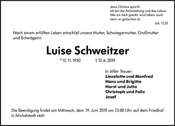 Traueranzeige von Luise Schweitzer von vrm-trauer