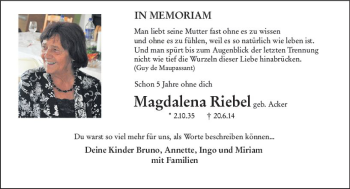 Traueranzeige von Magdalena Riebel von vrm-trauer