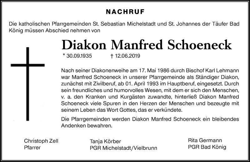  Traueranzeige für Manfred Schoeneck vom 29.06.2019 aus vrm-trauer