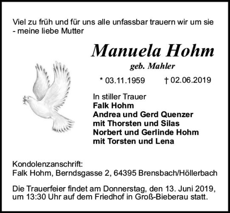  Traueranzeige für Manuela Hohm vom 11.06.2019 aus vrm-trauer