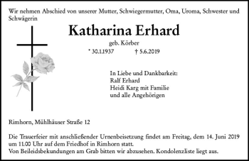 Traueranzeige von Katharina Erhard von vrm-trauer