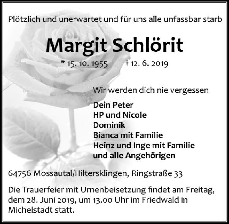  Traueranzeige für Margit Schlörit vom 22.06.2019 aus vrm-trauer