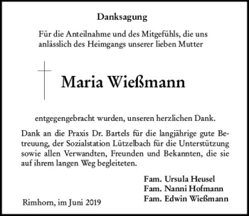 Traueranzeige von Maria Wießmann von vrm-trauer