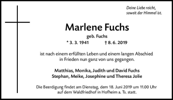 Traueranzeige von Marlene Fuchs von vrm-trauer