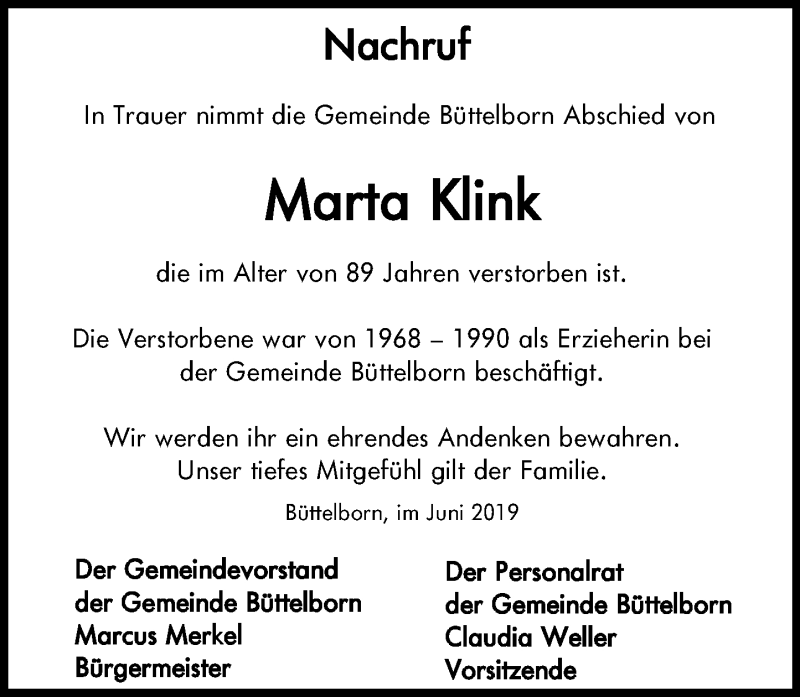  Traueranzeige für Marta Klink vom 29.06.2019 aus vrm-trauer
