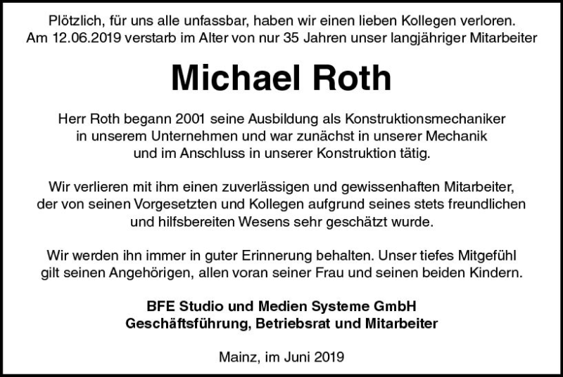  Traueranzeige für Michael Roth vom 21.06.2019 aus vrm-trauer