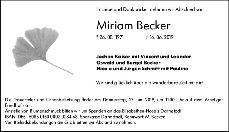  Traueranzeige für Miriam Becker vom 22.06.2019 aus vrm-trauer