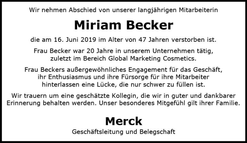  Traueranzeige für Miriam Becker vom 27.06.2019 aus vrm-trauer