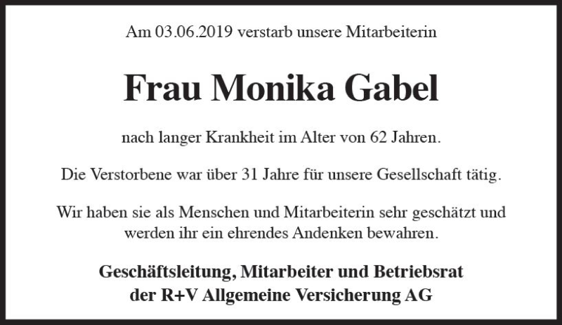  Traueranzeige für Monika Gabel vom 08.06.2019 aus vrm-trauer
