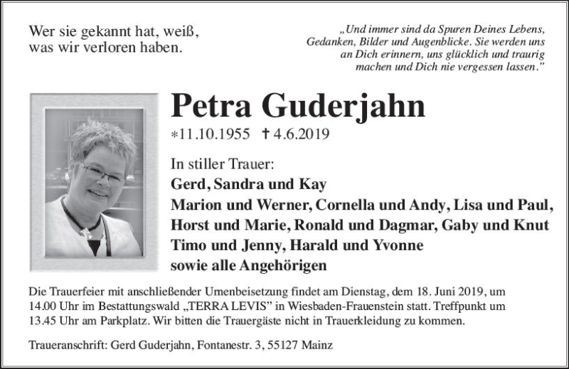  Traueranzeige für Petra Guderjahn vom 08.06.2019 aus vrm-trauer