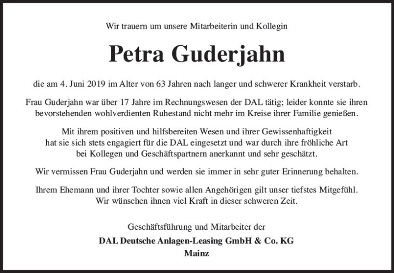  Traueranzeige für Petra Guderjahn vom 08.06.2019 aus vrm-trauer