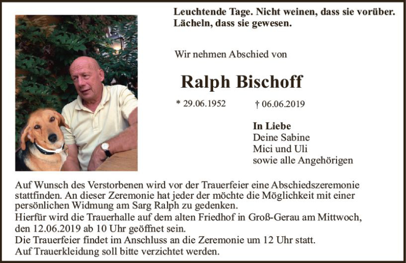  Traueranzeige für Ralph Bischoff vom 08.06.2019 aus vrm-trauer