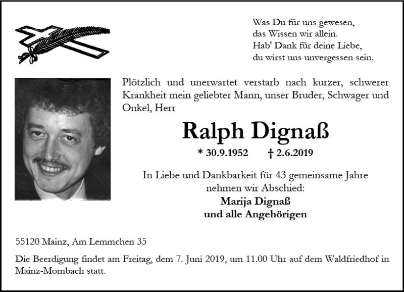  Traueranzeige für Ralph Dignaß vom 05.06.2019 aus vrm-trauer