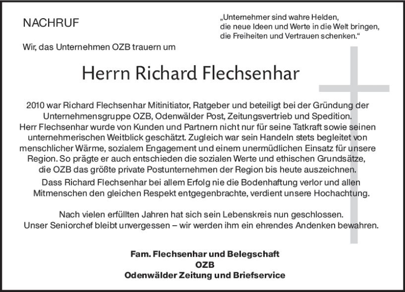  Traueranzeige für Richard Flechsenhar vom 15.06.2019 aus vrm-trauer