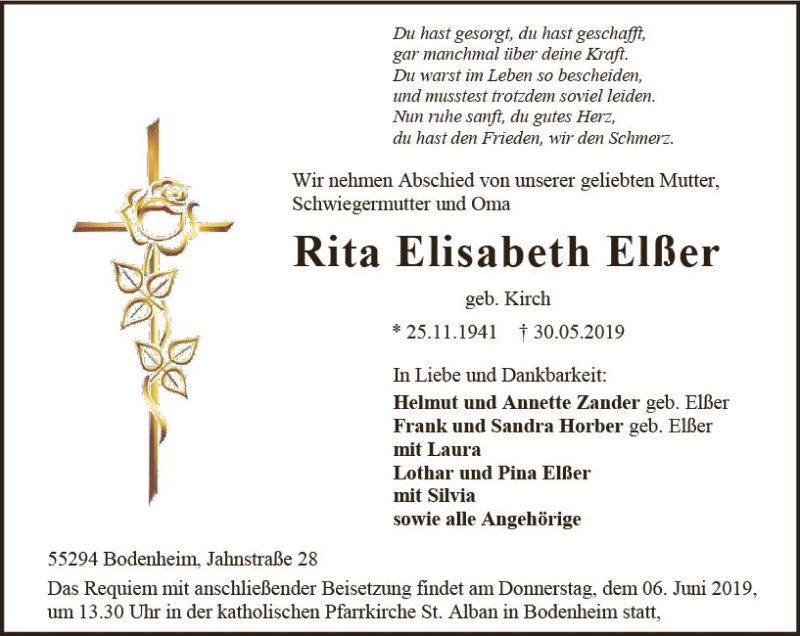  Traueranzeige für Rita Elisabeth Elßer vom 04.06.2019 aus vrm-trauer