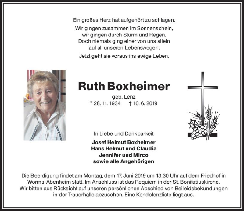  Traueranzeige für Ruth Boxheimer vom 14.06.2019 aus vrm-trauer