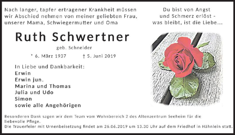  Traueranzeige für Ruth Schwertner vom 15.06.2019 aus vrm-trauer
