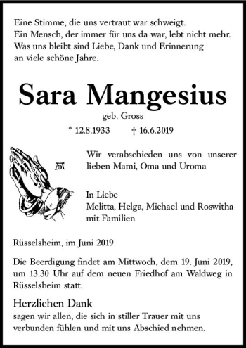 Traueranzeige von Sara Mangesius von vrm-trauer