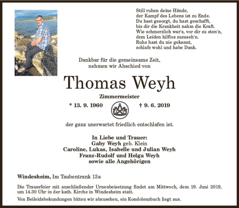  Traueranzeige für Thomas Weyh vom 12.06.2019 aus vrm-trauer