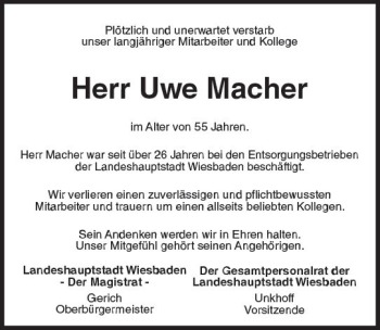 Traueranzeige von Uwe Macher von vrm-trauer