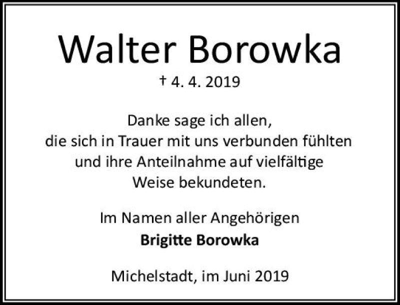  Traueranzeige für Walter Borowka vom 08.06.2019 aus vrm-trauer