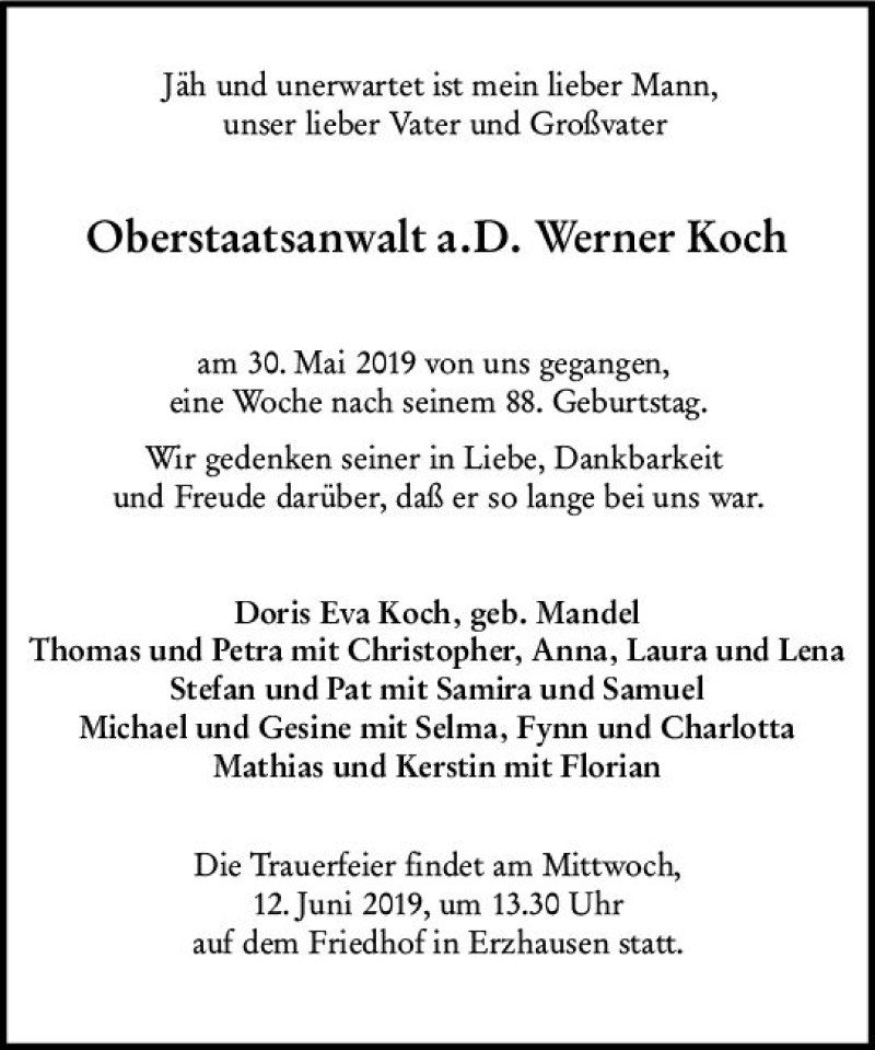  Traueranzeige für Werner Koch vom 08.06.2019 aus vrm-trauer
