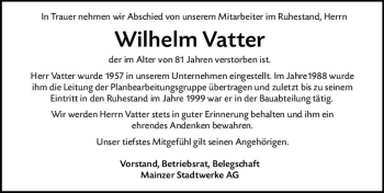 Traueranzeige von Wilhelm Vatter von vrm-trauer