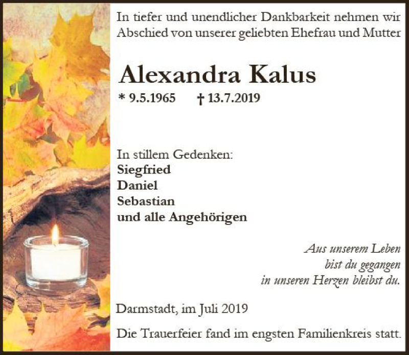  Traueranzeige für Alexandra Kalus vom 27.07.2019 aus vrm-trauer